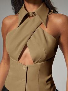 Hauture Women's Sexy Casual Office Criss-Cross Halter Neck Blazer Vest Top - Khaki - View 2