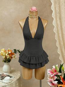 Bellisia Maillot de bain jupe pour femmes avec encolure bateaux, décolleté en V profond, dos nu, double volant à l'ourlet, en tissu texturé blanc et rose, pour la plage ou les fêtes de piscine, mignon et doux - Noir et Blanc - Voir 3