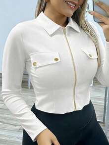 EMERY ROSE Casual Fitted Collared Zip-Up Metal Decor Sexy Long Sleeve Blouse For Women - White - View 3