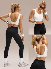 GLOWMODE FeatherFit™-Sculpt Built-In Cups V-Neck Backless Adjustable Sports Bra Medium Impact Running Jogging Training Gym Workout - White - View 9