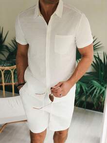 VENTUSAIL Men's Solid Color Shoulder Casual Front Button Short Sleeve Shirt Set, Summer, Holiday - White - View 4