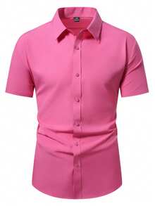 Calvornis Men's Casual Minimalist Single-Breasted Short Sleeve Formal Shirt, Suitable For Commuting And Office, Ceremony - Pink - View 3