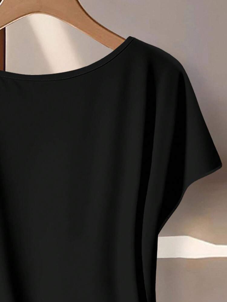 Top de manga corta casual negro y pantalones de 2 piezas con estampado floral retro y rayas, talla grande, adecuado para vacaciones de verano - Multicolor - Añade 4