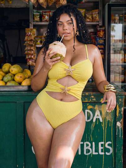 Swim Mod Plus Size Women's Sweet & Cute Minimalist Beach Vacation Solid Yellow Textured Fabric V-Neck Adjustable Strap Hollow Design Star Decor One-Piece Jumpsuit
