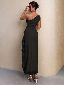 SHEIN Glamour Women's Black Knitted Mesh One-Shoulder Dress With Metal Buckle, High Slit Ruffle Hem Dress, Sexsy Elegant Vacation Versatile Dress For Valentine's Day Date, Pale Bridesmaid Wedding Guest Dress, Suitable For Various Occasions One Shoulder Ruched Maxi Dress High Slit Ruffle Evening Gown Soft Stretch Mesh Fabric One-Shoulder Neckline Prom Homecoming Ball Formal Date Night Summer Modern Minimalist Formal Classic Solid Beach Dresses Holiday Outfits For Women - Black - View 2