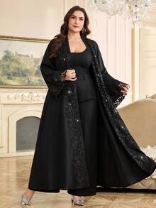 Al Najma Bata abierta elegante con parches y encaje para mujer de talla grande, otoño - Negro - Ver 6