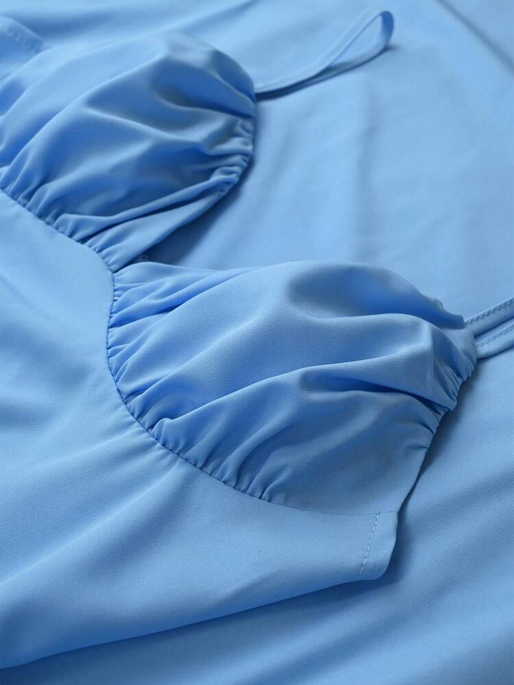 SHEIN Franclia 天蓝色吊带褶皱不对称腰身优雅长款连衣裙，女士款 - 藍色 - 查看 6