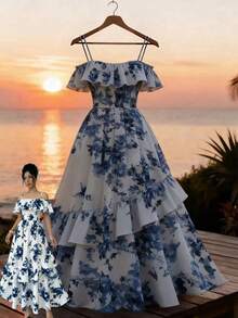 Spring & Summer Blue & White Floral Spaghetti Strap Off-Shoulder Ruffle Waist Voluminous A-Line Dress, Romantic Vacation & Daily Wear, Elegant French Style, Suitable For Beach, Countryside, Dates - Blue and White - View 1