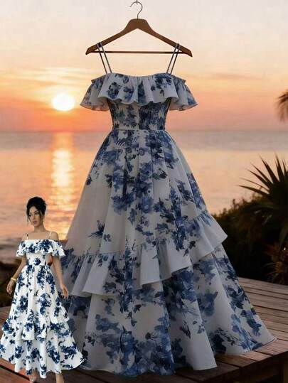 GlowEve 春夏蓝白碎花吊带露肩荷叶边腰部蓬蓬A字连衣裙，浪漫度假及日常穿着，优雅法式风情，适合海滩、乡村、约会等场合。