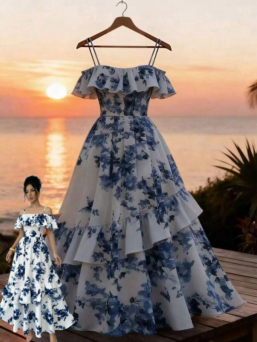Spring & Summer Blue & White Floral Spaghetti Strap Off-Shoulder Ruffle Waist Voluminous A-Line Dress, Romantic Vacation & Daily Wear, Elegant French Style, Suitable For Beach, Countryside, Dates - Blue and White - View 1
