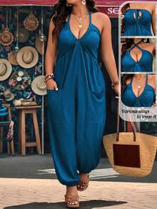 Breezaya Bộ jumpsuit cỡ lớn, chất liệu vải dệt họa tiết, cổ chữ V, có túi, dây rút, thích hợp mặc ở nhà, đi chơi và đi nghỉ mát. - Màu xanh Bạc hà - Xem 1