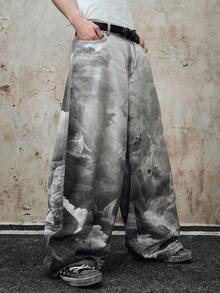 ROMWE MEN Street Life 男士数码印花中世纪图案牛仔裤 - 黑與白 - 查看 4