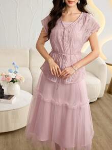 Modelyn Women's French Style Light Pink Jacquard Vest Mesh Strap Dress 2 Pieces Set Wedding Party Summmer - Pink - View 4