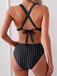 Swim Mod Bikini Tanpa Punggung Motif Polkadot Putih dengan Latar Belakang Hitam, Modis, Seksi & Melangsingkan, Koleksi Musim Semi/Panas 2026, Sempurna untuk Liburan di Pantai - Hitam dan Putih - View 2