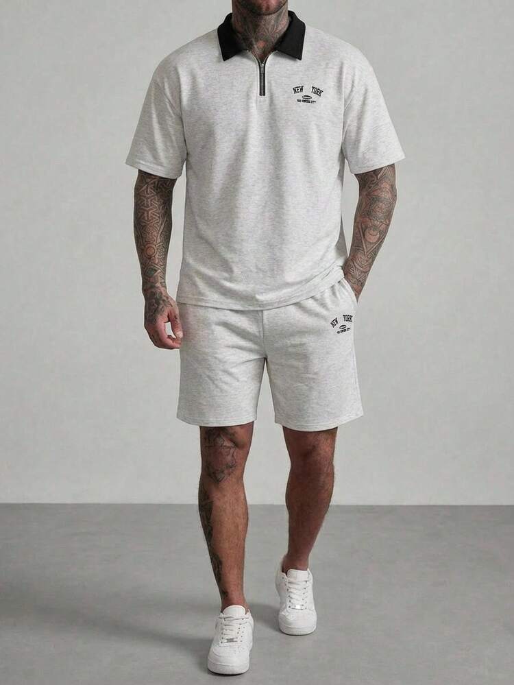 Men's Letter Embroidery Contrast Color Collar Light Grey Shirt Set, Summer