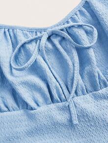 SHEIN EZwear 大码蓝色褶皱A字连衣裙，采用弹力面料，适合春夏穿着 - 藍色 - 查看 3