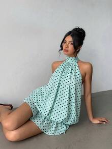 Aloruh 新款女士优雅波点印花露背吊带迷你连衣裙 - 綠色 - 查看 5