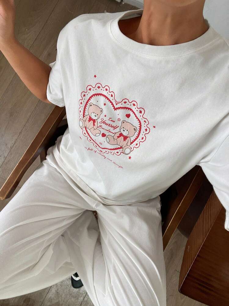 Women's Bear Print Short Sleeve Top And Pants Pajama Set