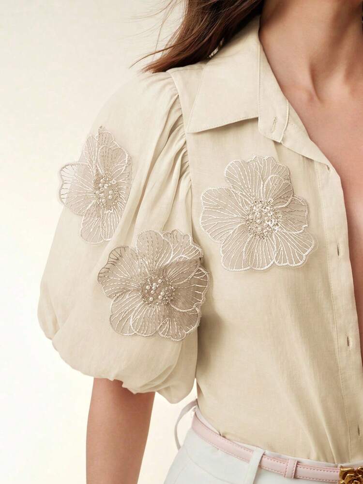 Women's Romantic Valentine's Day & Summer Vacation Elegant Floral Applique Pink Blouse
