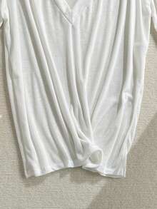 SHEIN Swim Vcay 2026新款女士夏季沙滩度假休闲宽松V领半透明性感露肩特殊面料T恤罩衫 - 白色 - 查看 10