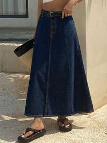 DAZY Plain A-Line Denim Skirt For Women - Dark Wash - View 3