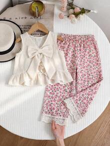 SHEIN 2件組夏季套裝，無袖荷葉邊上衣與花卉寬腿褲，適合家庭度假度假穿搭，少女服飾，春季 - 彩色 - 查看 3