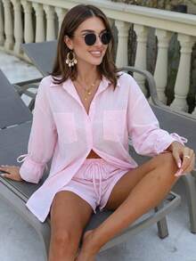 Swim Vcay 春夏休闲粉白条纹沙滩套装，长袖衬衫配短裤和罩衫 - 淺粉色 - 查看 3