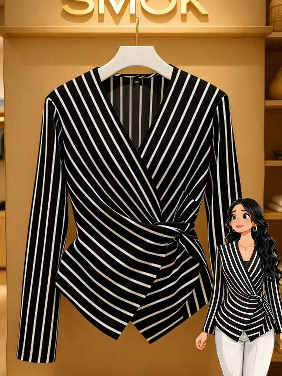 SHEIN Clasi Camisa de manga larga con cuello cruzado en V, cintura envolvente y rayas, elegante y apropiada para el trabajo, para mujeres de talla grande, otoño/invierno - Negro - Ver 1
