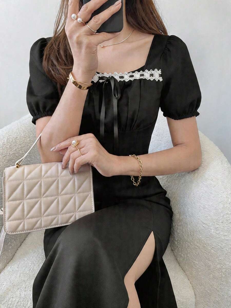 FRIFUL Đầm ren tay cánh hoa phối màu tương phản thanh lịch dành cho nữ, đầm hè chống nắng cho nữ. - màu đen - Xem 1