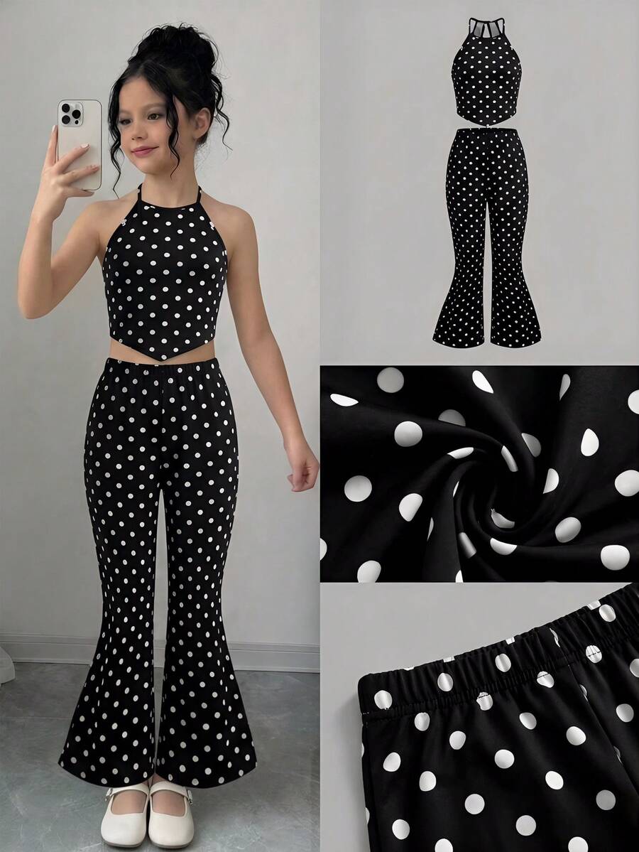 SHEIN Tween Girls Vacation Beach Colorful Striped Jacquard Contrast Color Halter Neck Top & Flare Pants Set - Black - View 1