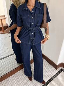 DAZY 女士休闲水洗腰带口袋衬衫搭配阔腿牛仔裤套装，春夏款 - 深色水洗藍 - 查看 6