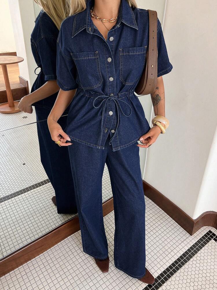 Women's Casual Washed Waist Belt Pocket Shirt And Wide Leg Jeans Suit, Spring/Summer