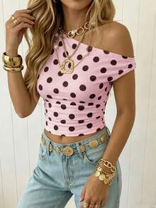 SHEIN EZwear Women's Asymmetric Ruched Cropped Top,Summer Top - Pink - View 3