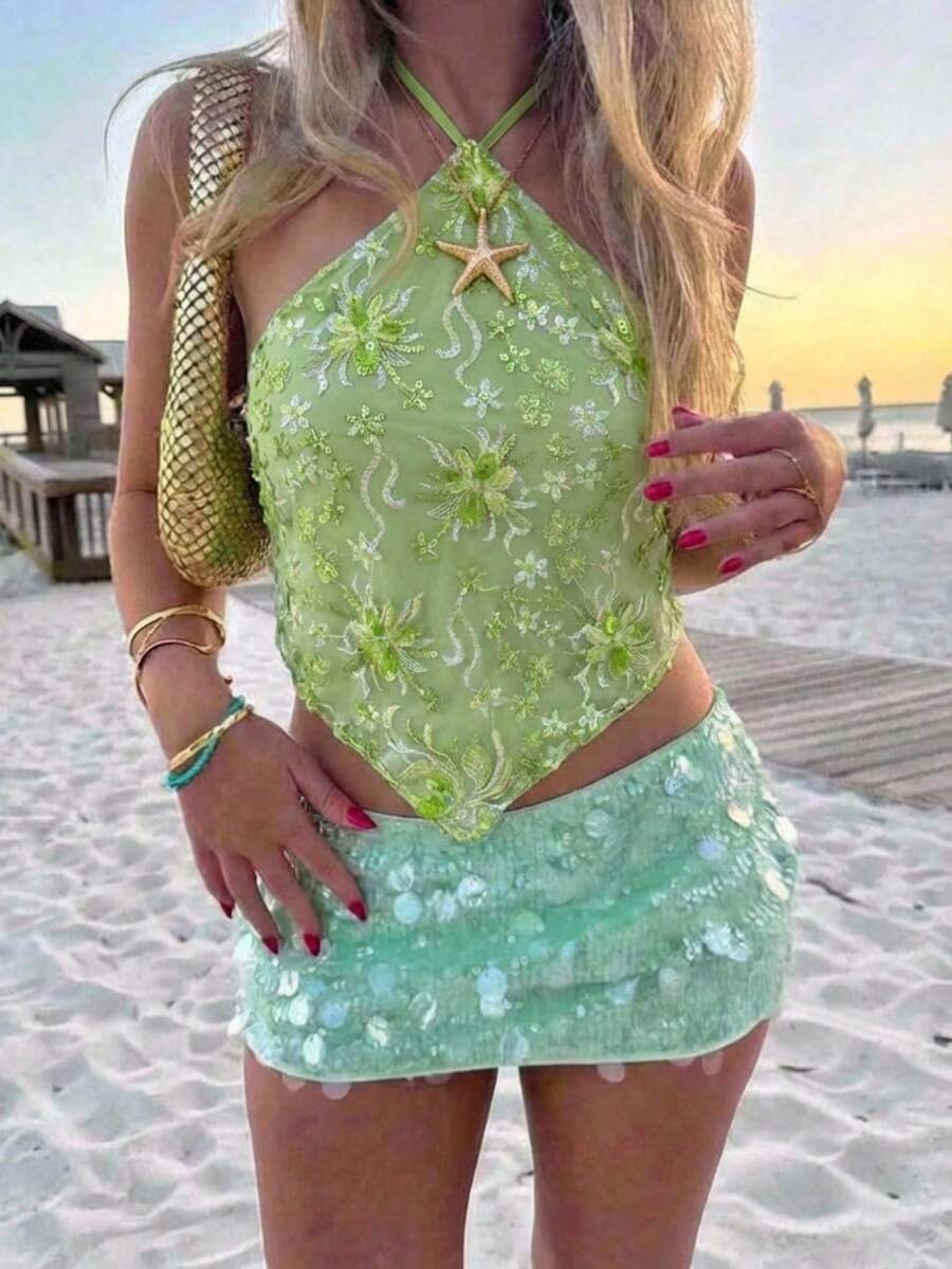 Aloruh Women's Sexy Sequin Backless Halter Top, Summer Summer Summer Outfits Summer Clothes Beach Outfits For Woman Beach Vacation Vacation Outfits Woman Boho Tropical Vacation Woman Clothe Concert Outfit Women Rave Outfits Festival Country Concert Outfit Ibiza Outfits Nashville Outfits Western Wear Women Western Boho Streetwear Tropical Gyaru Western Wear Women Western Gyaru Cute Summer Tops - Green - View 1