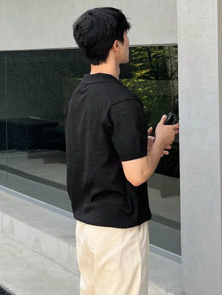 Black Solid Color Polo Collar Knit Top For Men