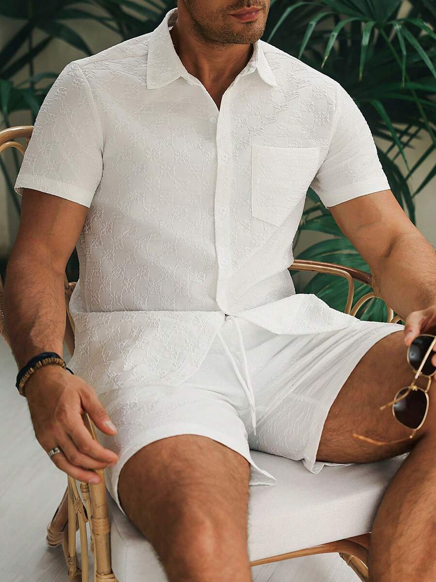 VENTUSAIL Men's Solid Color Shoulder Casual Front Button Short Sleeve Shirt Set, Summer, Holiday - White - View 1