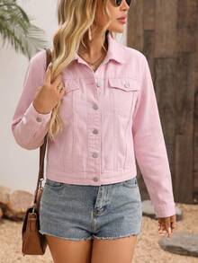 EMERY ROSE Women's Casual Solid Color Denim Jacket - Pink - View 6