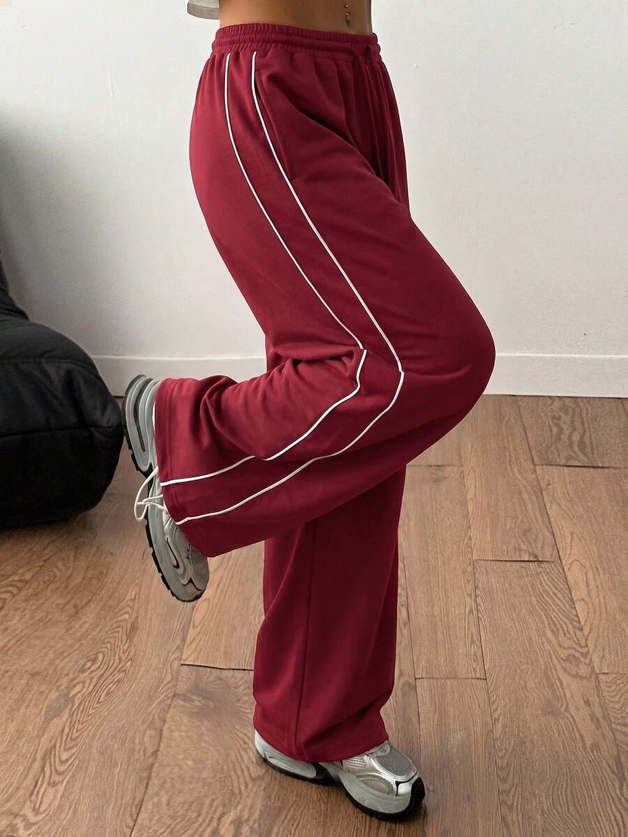 SHEIN Coolane 女士加大码春夏简约基础款日常街头休闲运动风法式灰色宽松低腰阔腿运动裤 - 酒紅色 - 查看 1