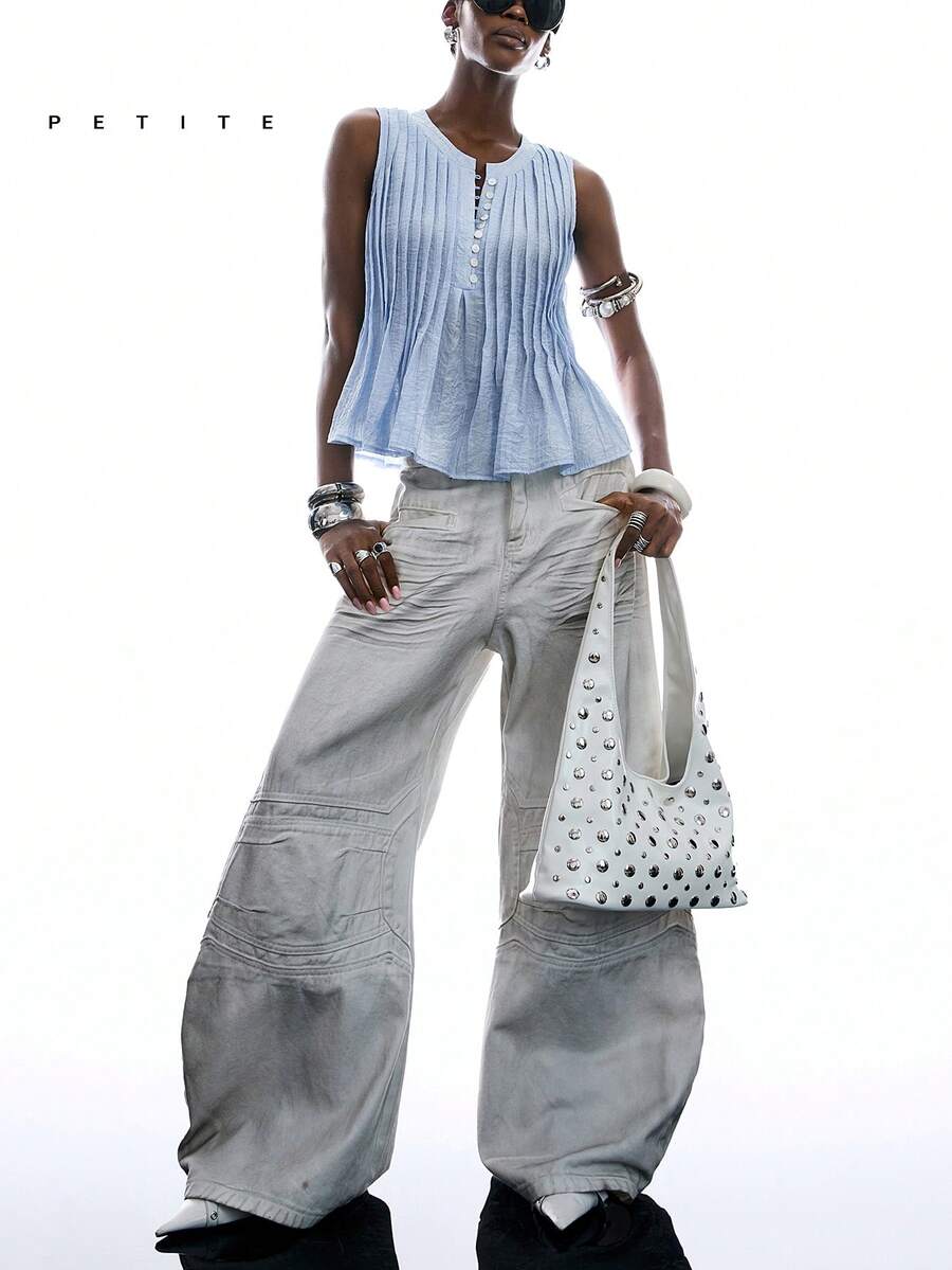 LYSMO Petite Women's Summer Casual Vacation Daily Commute Solid Color Half-Button Front Pleated Sleeveless Tank Top - Blue - View 1
