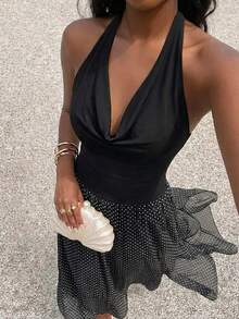 SHEIN Glamour 网纱波点印花深V领露背吊带飘逸A字连衣裙，女士夏季连衣裙，派对度假连衣裙，女士沙滩连衣裙，黑白波点连衣裙，婚礼宾客连衣裙，连衣裙，连衣裙，时尚连衣裙，迈阿密风情连衣裙，露背连衣裙，正式女士连衣裙，生日连衣裙，新款连衣裙，网纱罩衫连衣裙，Zanea女士连衣裙，现代菲律宾风连衣裙，适合各种场合的女士连衣裙，Z9v7r女士连衣裙，吊带连衣裙，波点连衣裙，假日连衣裙 - 黑與白 - 查看 1