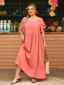 SHEIN CURVE+ Curve 尺码 US22 音乐节、海滨度假、波西米亚风随机印花休闲假日风格数码印花宽松短袖连衣裙 - 粉色 - 查看 7