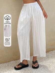 Livesso Quần pajama ống rộng màu trơn có dây rút ở eo dành cho nữ - trắng - Xem 4