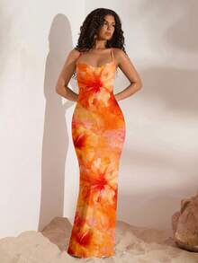 女士浪漫性感春夏波西米亚优雅复古橙色芙蓉花露背连衣裙 - 非常适合音乐节、海滩度假、春假、热带岛屿婚礼、周年纪念日等场合 - 彩色 - 查看 6