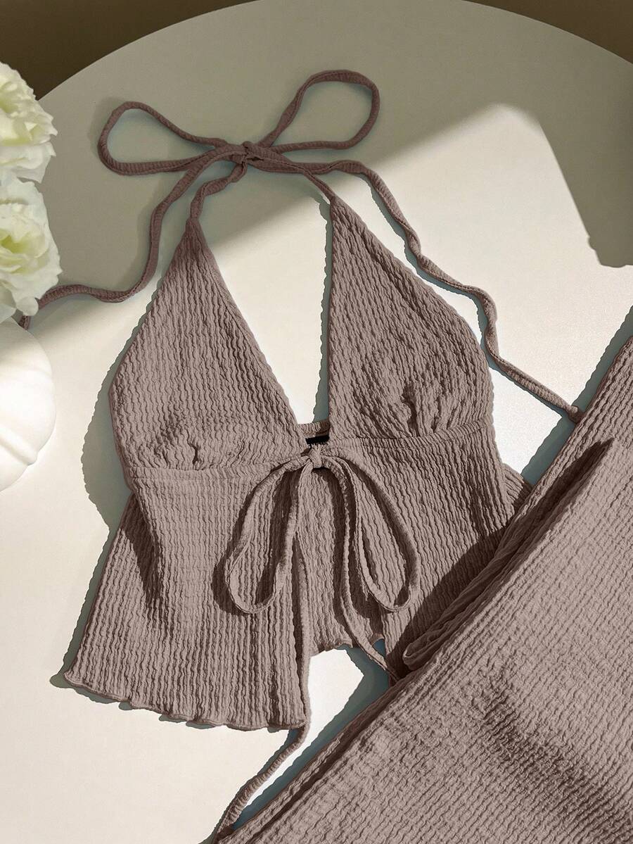 Elamini Women's Textured Pleated Halter Top And Loose Wide Leg Pants Set Comfortable Two Piece Set - Grey - View 1