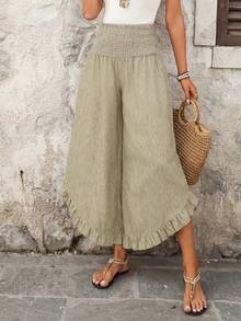 EMERY ROSE Women's Casual Boho Vacation High Waist Ruffle Hem Loose Wide Leg Pants, Suitable For Spring, Summer And Autumn Gaucho Women Beach Sage Green - Khaki - View 5