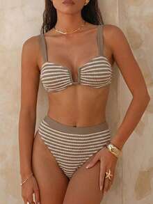 Swim Chiccia Women's Summer Vacation Casual Beach Wear Striped Pattern Bikini Two Pieces Swimwear Set, Adjustable Shoulder Straps, Textured Fabric - Khaki - View 1