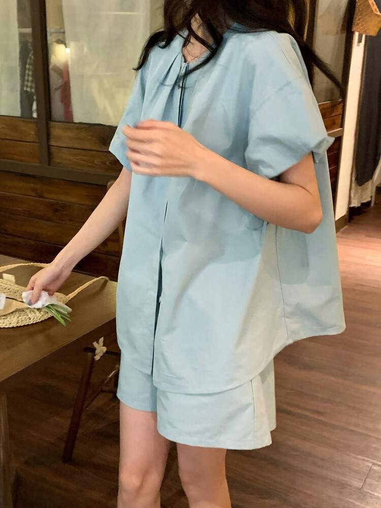 Women's Solid Color Loose Pleated Drawstring Princess Sleeve Shirt And Straight Leg Shorts Casual Holiday 2-Piece Set, Spring/Summer Lounge Sets For Women