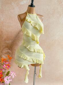 SHEIN WYWH Đầm ngắn nữ mùa hè đi biển, màu trơn, chất liệu vải có họa tiết, nhiều lớp xếp nếp, hở lưng, cổ buộc dây. - Màu vàng - Xem 8