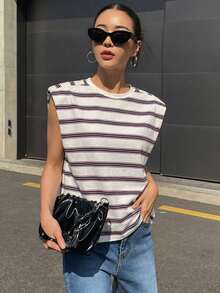 DAZY 条纹圆领无袖垫肩女式T恤图案T恤 女式夏季 - 白色 - 查看 4