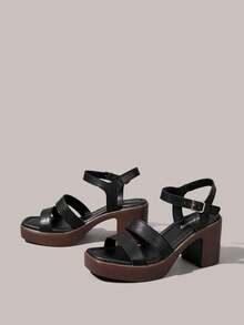Styleloop Sandal nữ mũi vuông đế PU, chất liệu vải PU, thời trang, đơn giản, thoáng khí và thoải mái, có khóa cài, thích hợp cho các buổi tiệc và liên hoan hàng ngày, sandal cao gót. - màu đen - Xem 2